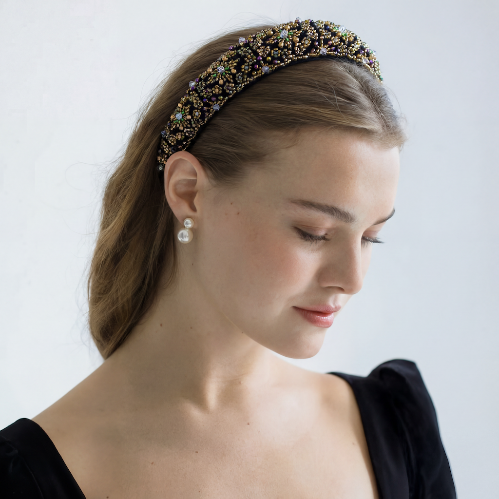 Cintillo Geometric BRIDGETE VELVET BLACK GOLD WIDER