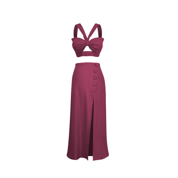 Conjunto DE LINO TOP Y FALDA burdeo