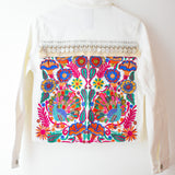 CHAQUETA BLANCA PAVO REAL  PIEDRAS OTOMI BORDE MONEDAS