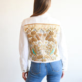 Chaqueta BLANCA PAVO REAL Otomi full con cascadas colgantes